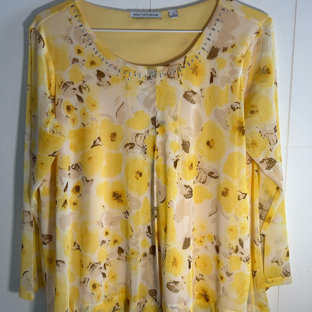 Notations Yellow Pleated 3/4 Sleeve Blouse